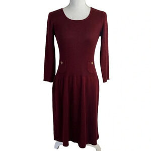 Anne Klein Wool Blend Dark Red Sweater Dress Small 3/4 Sleeves Pockets Buttons